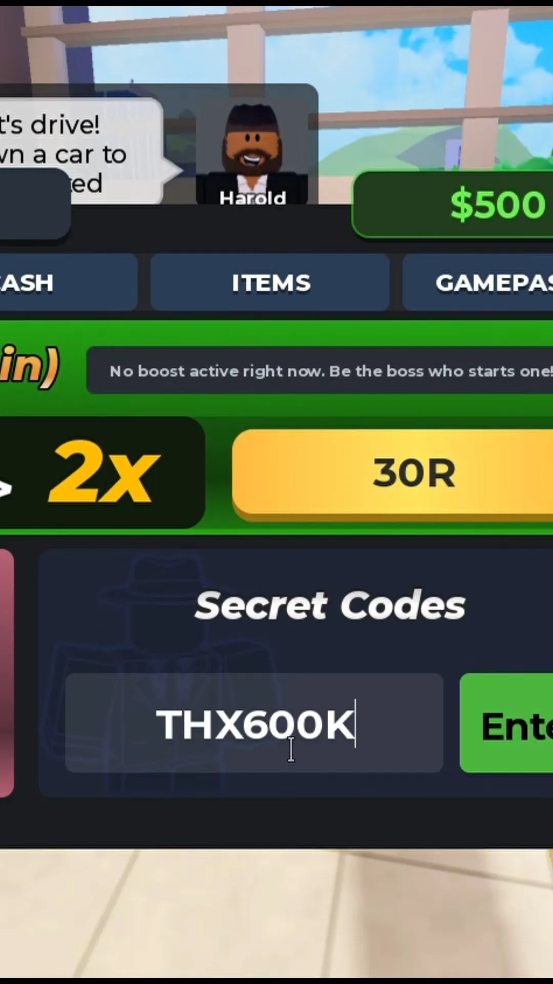 Taxi Boss codes THX600K in the Secret Codes field beside the green Enter button