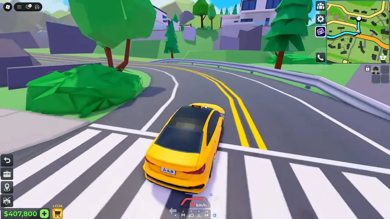 Taxi Boss Da Hills entrance with a yellow taxi crossing a white line beside a curved road and hillside homes