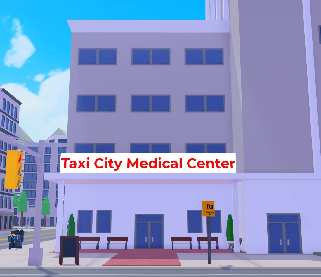 Taxi Boss Doctor spawn at Taxi City Medical Center with the red hospital sign and taxi stop