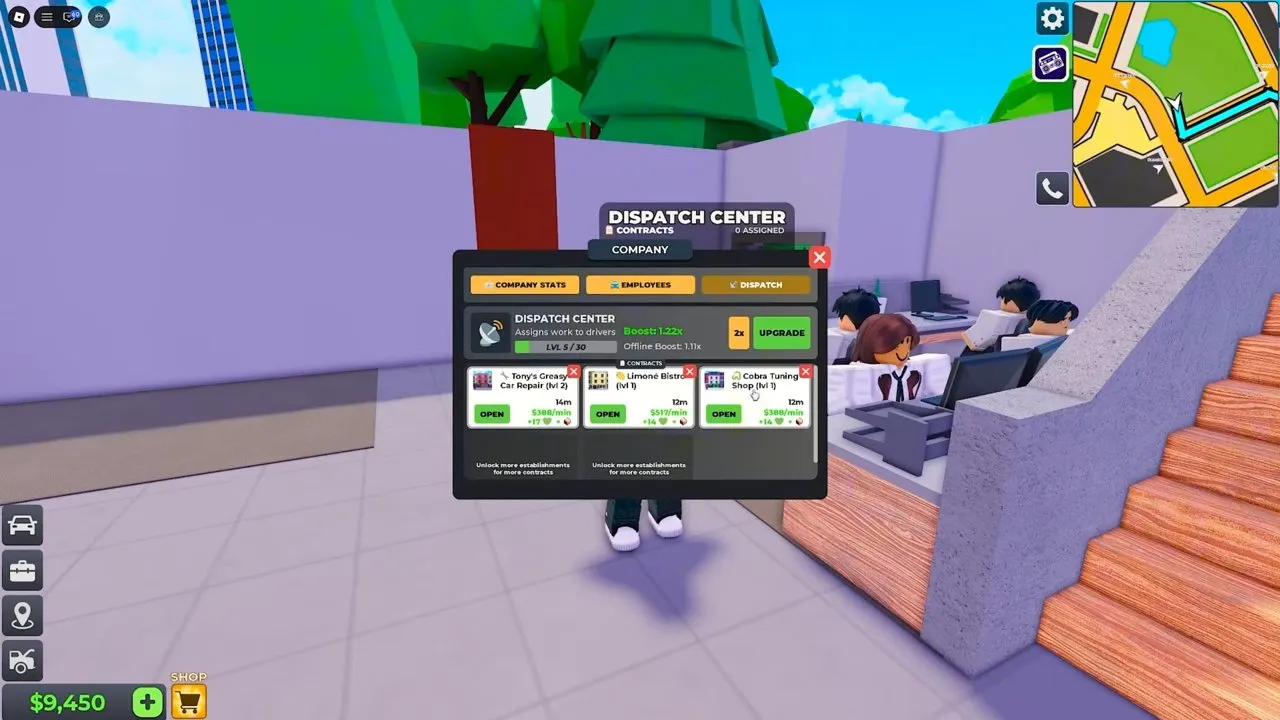 Taxi Boss making money in the Dispatch Center with Open buttons and per-minute contract rewards