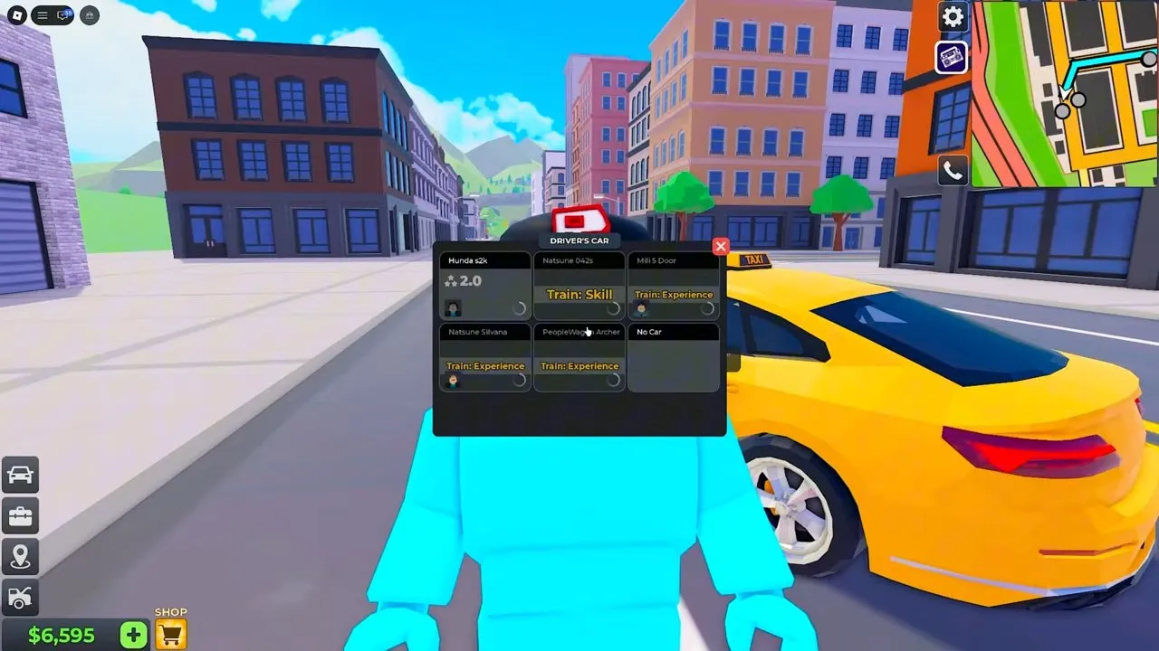Taxi Boss making money in the Driver's Car menu with Train Skill and Train Experience requirements