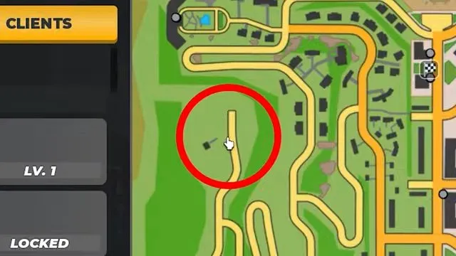 Taxi Boss wood planks Lumberjack pickup area marked by a red circle on the map