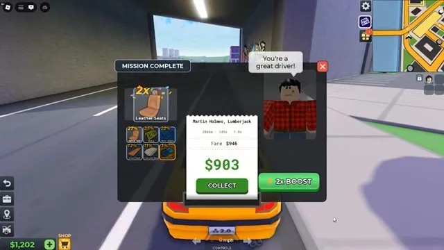 Taxi Boss wood planks Lumberjack mission-complete panel with a 12% Wood Plank reward icon and Collect button